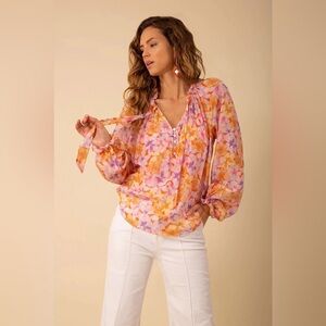Hale Bob Gemma Voile Top – Ruffle Tie Neck Blouse – Size XS